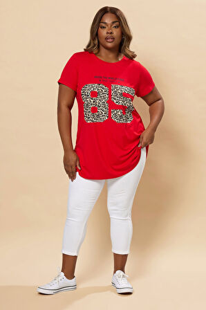 Büyük Beden Bisiklet Yaka Kısa Kollu Baskılı T-shirt 304173