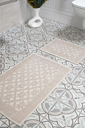 2'li  Banyo Paspası Yıldız Desen Pamuklu Kaymaz Taban Dikdörtgen Banyo Paspası 56x97/56x47