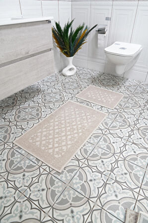 2'li  Banyo Paspası Yıldız Desen Pamuklu Kaymaz Taban Dikdörtgen Banyo Paspası 56x97/56x47