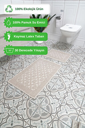 2'li  Banyo Paspası Yıldız Desen Pamuklu Kaymaz Taban Dikdörtgen Banyo Paspası 56x97/56x47