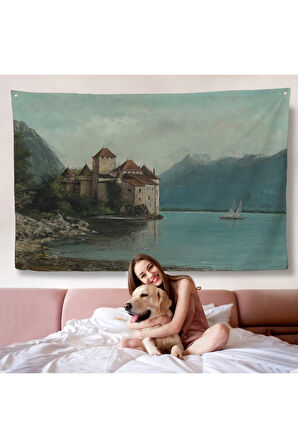 Gustave Courbet - Cenevre Gölü'ndeki Chillon Kalesi Duvar Örtüsü-7094