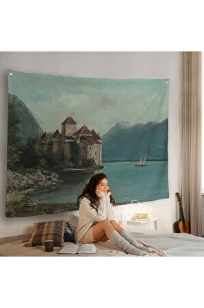 Gustave Courbet - Cenevre Gölü'ndeki Chillon Kalesi Duvar Örtüsü-7094