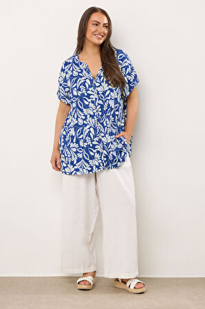 Büyük Beden Polo Yaka Kısa Kollu Düğmeli Çiçek Desenli Bluz 616290