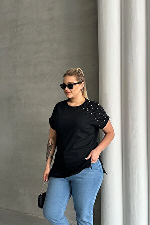 Büyük Beden Kısa Kollu Bisiklet Yaka Yanları Yırtmaçlı Boncuklu Basic T-shirt RFT-03