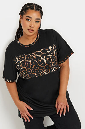 Büyük Beden Kısa Kollu Bisiklet Yaka Leopar Desenli T-shirt 303729