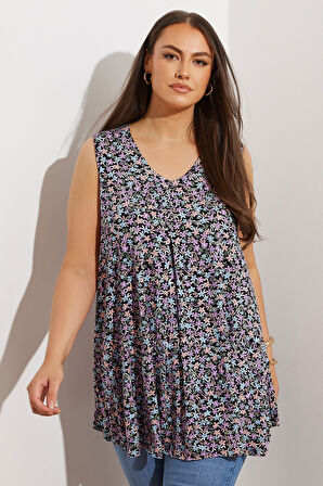 Büyük Beden Sıfır Kol V Yaka Çiçek Desenli Eteği Bollaşan Bluz 303420