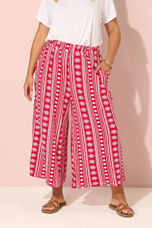 Büyük Beden Etnik Desenli Beli Lastikli Paçası Bol Pantolon 145344