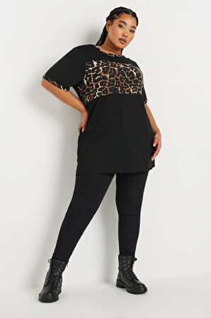 Büyük Beden Kısa Kollu Bisiklet Yaka Leopar Desenli T-shirt 303729