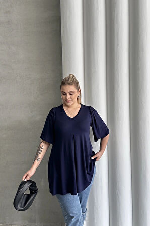 Büyük Beden V Yaka Desensiz Asimetrik Kesim Likralı Bluz MDL-6