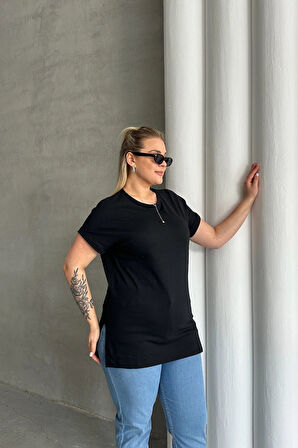 Büyük Beden Kısa Kollu Bisiklet Yaka Yanları Yırtmaçlı Basic T-shirt RFT-01