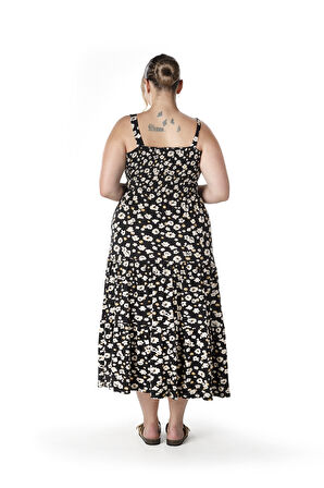 Büyük Beden Çiçek Desenli Kalın Askılı Beli Lastikli Elbise T-83