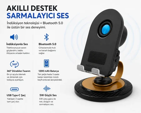 Telefon Standı & Bluetooth Hoparlör 360° Dönüşle Konforlu Kullanım Şık ve Fonksiyonel Stand