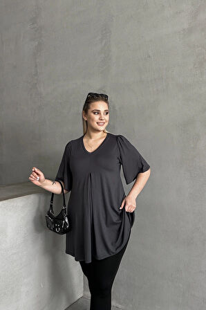 Büyük Beden V Yaka Desensiz Asimetrik Kesim Likralı Bluz MDL-3