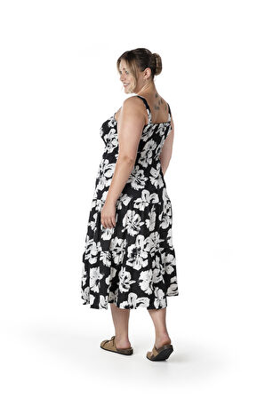 Büyük Beden Çiçek Desenli Kalın Askılı Beli Lastikli Elbise T-79