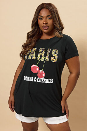 Büyük Beden Bisiklet Yaka Kısa Kollu Baskılı T-shirt 304176