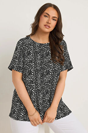 Büyük Beden Kısa Kollu Bisiklet Yaka Desenli Bluz 615913