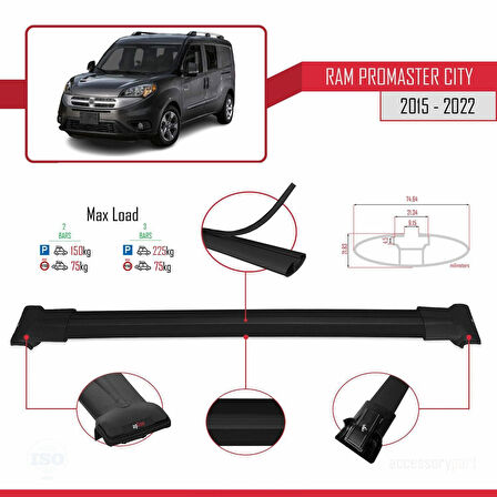 Ram Promaster City (636) 2015-2022 Arası ile Uyumlu FLY Model Ara Atkı Tavan Barı Siyah 2 Adet