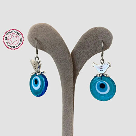 Uretti - Atiye 1857 - El Yapımı Nazar Boncuğu ve Kuş Detaylı Murano Cam Küpe