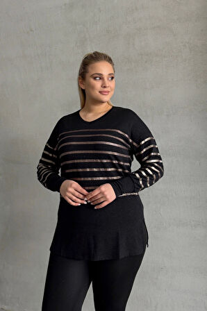 Büyük Beden Uzun Kollu V Yaka Bilekleri Lastikli Bluz 302910