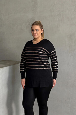 Büyük Beden Uzun Kollu V Yaka Bilekleri Lastikli Bluz 302910