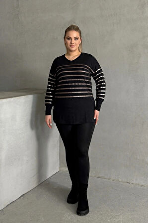 Büyük Beden Uzun Kollu V Yaka Bilekleri Lastikli Bluz 302910