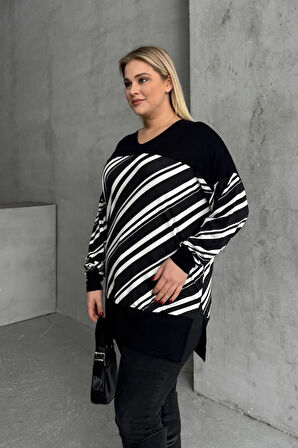 Büyük Beden V Yaka Uzun Kollu Bileği Lastikli Yırtmaçlı Bluz 303085