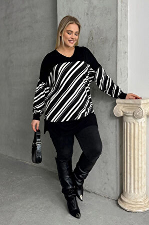 Büyük Beden V Yaka Uzun Kollu Bileği Lastikli Yırtmaçlı Bluz 303085