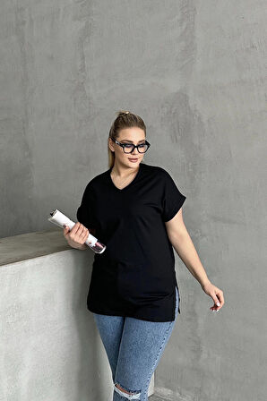 Büyük Beden Kısa Kollu V Yaka Yanları Yırtmaçlı Basic T-shirt RFT-02