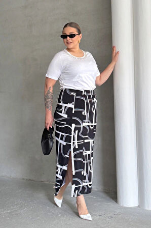 Büyük Beden Beli Lastikli Soyut Desenli Yırtmaç Detaylı Uzun Etek 98-120