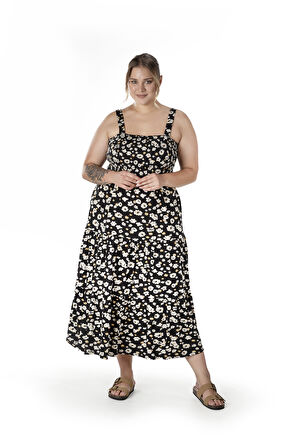 Büyük Beden Çiçek Desenli Kalın Askılı Beli Lastikli Elbise T-83