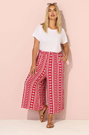 Büyük Beden Etnik Desenli Beli Lastikli Paçası Bol Pantolon 145344