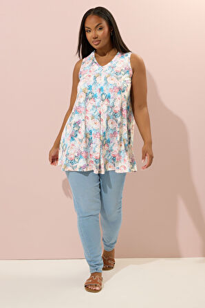 Büyük Beden Sıfır Kol V Yaka Çiçek Desenli Eteği Bollaşan Bluz 304188