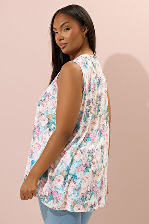 Büyük Beden Sıfır Kol V Yaka Çiçek Desenli Eteği Bollaşan Bluz 304188