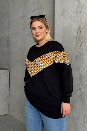 Büyük Beden Bisiklet Yaka Uzun Kollu Desenli Sweatshirt 300334