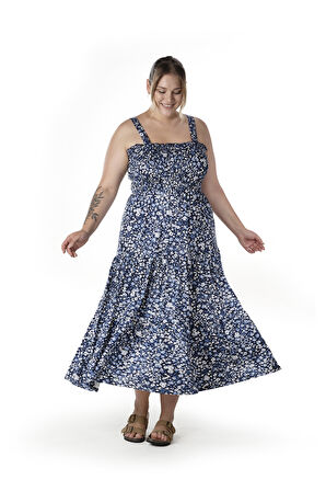 Büyük Beden Çiçek Desenli Kalın Askılı Beli Lastikli Elbise T-84