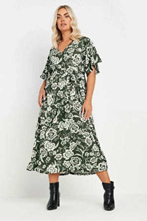 Büyük Beden Kısa Kollu V Yaka Kuşaklı Anvelop Elbise 137988