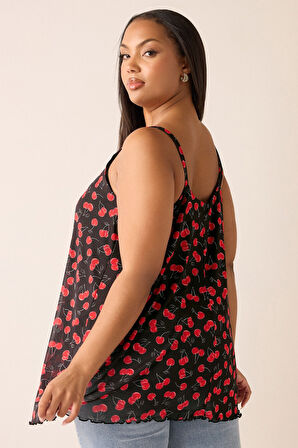 Büyük Beden V Yaka Askılı İp Detaylı Desenli T-shirt 322672