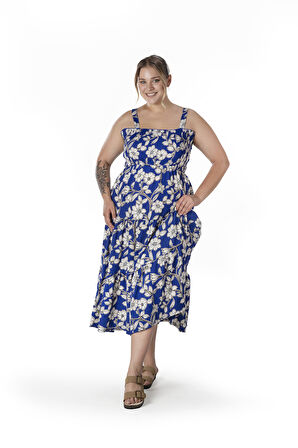 Büyük Beden Çiçek Desenli Kalın Askılı Beli Lastikli Elbise T-80