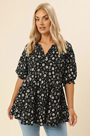 Büyük Beden Çentik Yaka Kısa Kollu Eteği Fırfırlı Bluz 322571