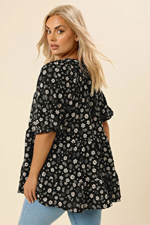 Büyük Beden Çentik Yaka Kısa Kollu Eteği Fırfırlı Bluz 322571