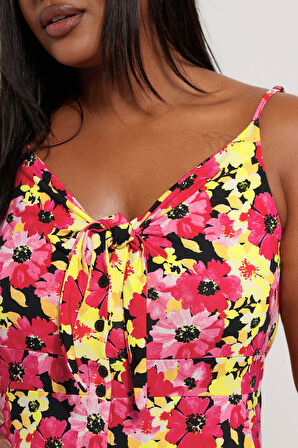 Büyük Beden Önü Büzgülü Askılı Çiçek Desenli Düğmeli Elbise 303481