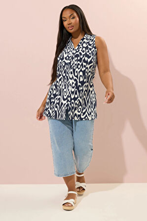 Büyük Beden Sıfır Kol Soyut Desenli Düğme Detaylı Bluz 322678