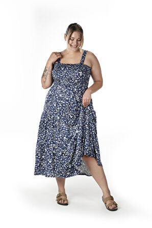 Büyük Beden Çiçek Desenli Kalın Askılı Beli Lastikli Elbise T-84