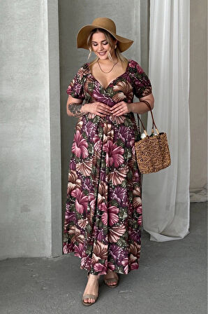 Büyük Beden Kısa Kollu Prenses Yaka Çiçek Desenli Maxi Elbise 74-80