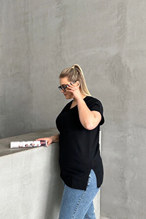 Büyük Beden Kısa Kollu V Yaka Yanları Yırtmaçlı Basic T-shirt RFT-02