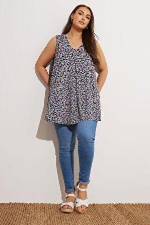 Büyük Beden Sıfır Kol V Yaka Çiçek Desenli Eteği Bollaşan Bluz 303420