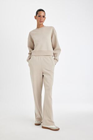 DeFacto Straight Fit Beli Lastikli Eşofman Altı Yüksek Bel Cepli Kalın Basic Düz B8571AX24WNBG187