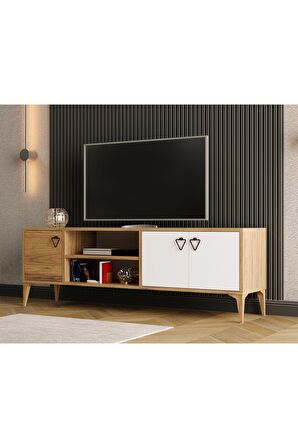 Rivo Tv Ünitesi Legnano-Beyaz Raflı ve Kapaklı Modern Tasarım 150 cm