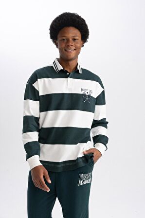 DeFactoFit Boxy Fit Çizgili Uzun Kollu Polo Tişört A9874AX23WNGN796