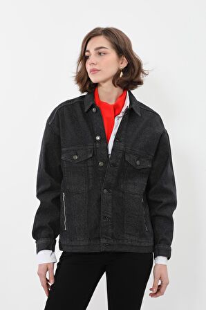 Kadın Desenli Oversize Jean Ceket